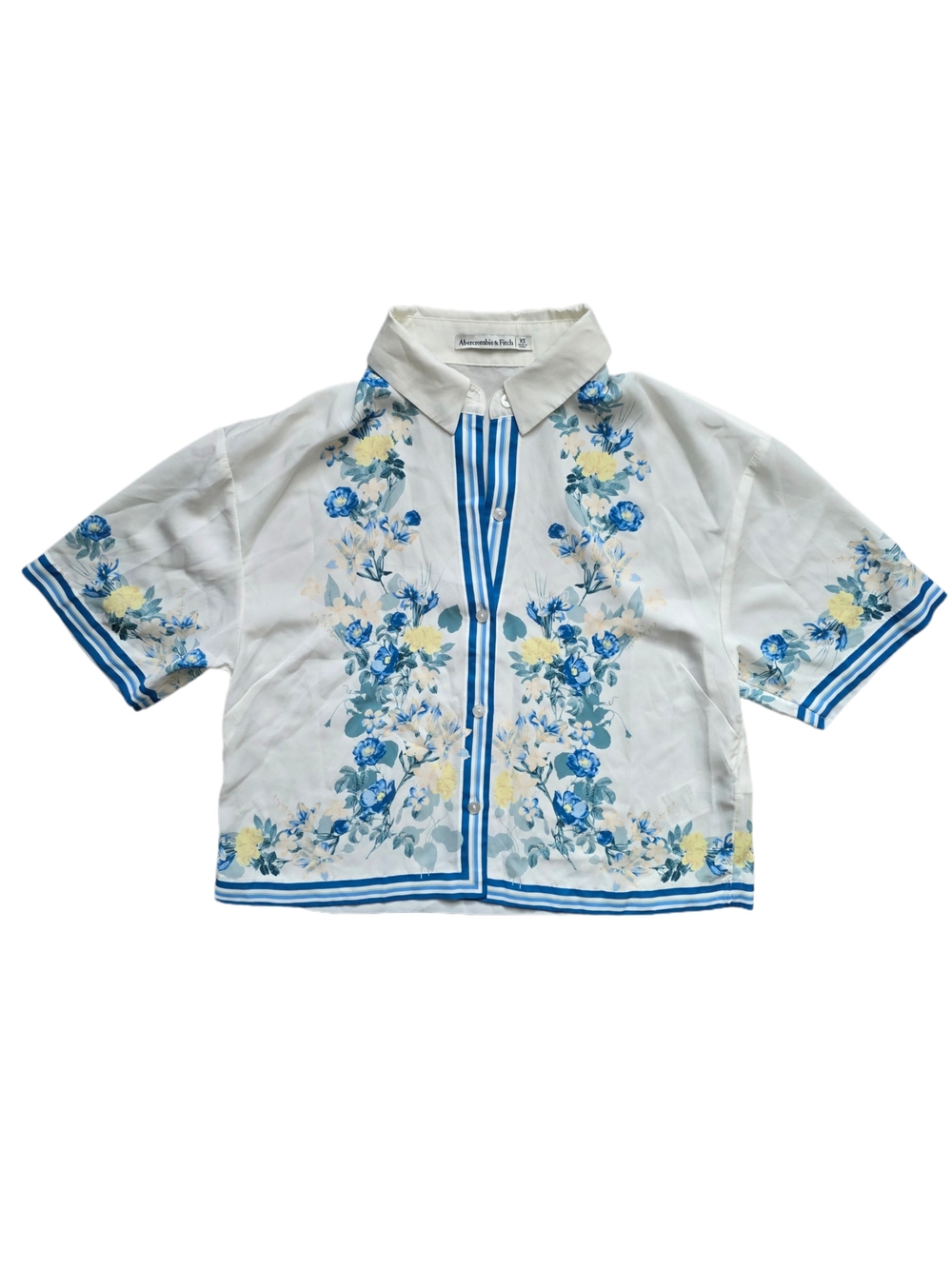 Abercrombie & Fitch White Short-Sleeve Button-Up with Blue Floral Trim Size XS